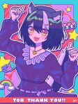  1girl :d black_hair dress facial_mark hair_ornament heart heart_facial_mark heart_necklace highres indie_virtual_youtuber jewelry long_sleeves multicolored_hair necklace open_mouth orange_eyes pink_hair purple_dress skunk_ears skunk_girl skunk_tail smile solo star_(symbol) star_facial_mark star_hair_ornament streaked_hair toboso_kuroi triangle triangle_facial_mark two-tone_tail virtual_youtuber 