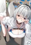  1girl adjusting_eyewear ass bent_over black_socks blue_archive breasts brown_eyes cetacean_tail choker cleavage commentary_request fins fish_tail glasses highres kotone_(blue_archive) large_breasts liya looking_at_viewer mirror one-piece_swimsuit partial_commentary reflection round_eyewear short_hair socks solo swimsuit tail thighs white_hair white_hood white_one-piece_swimsuit 