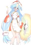  1girl bemani blue_eyes blue_hair blush braid breasts chinese_clothes commentary detached_sleeves dress hair_between_eyes hat highres long_hair looking_at_viewer noah_(sound_voltex) open_mouth qipao red_hat shield sidelocks skks small_breasts solo sound_voltex two_side_up v white_dress 