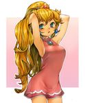  armpits arms_up blonde_hair blue_eyes blush breasts crown dress earrings gradient gradient_background hands_in_hair jewelry kiro_(an_kilo) large_breasts long_hair mario_(series) multicolored multicolored_eyes pink_background pink_dress ponytail princess_peach shirt sideboob simple_background solo standing super_mario_bros. taut_clothes taut_shirt very_long_hair 