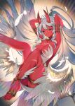  1girl akumi_(yoclesh) angel angel_wings armpits arms_behind_head backless_dress backless_outfit barefoot breasts cleavage colored_skin dress feathered_wings feet gamer_supps head_wings highres horns indie_virtual_youtuber large_breasts legs long_hair looking_at_viewer oni pointy_ears ponytail red_horns red_oni red_skin scar scar_on_arm scar_on_chest scar_on_face scar_on_horns scar_on_leg short_dress sidelocks skin-covered_horns smile solo thighs toes virtual_youtuber white_dress white_hair white_wings wings yellow_eyes yenkoes 