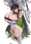  1girl absurdres adammaarr animal_ear_hairband animal_ears armpits arms_up black_hair blush bow bowtie breast_strap breasts chain cleavage closed_mouth colored_inner_hair commentary crotch_zipper fake_animal_ears flying_sweatdrops goddess_of_victory:_nikke green_bow green_bowtie green_hair green_streaks guilty_(mighty_bunny)_(nikke) guilty_(nikke) hair_between_eyes hairband highres huge_breasts leotard long_hair mechanical_gloves multicolored_hair official_alternate_costume playboy_bunny power_gloves purple_eyes rabbit_ears solo streaked_hair sweatdrop thighhighs undersized_breast_cup white_leotard white_thighhighs 