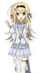  1girl :d ahoge alion_9715 alternate_costume asymmetrical_legwear bad_link black_hairband blush chaos;head clothing_request commentary cowboy_shot english_commentary gero-froggy hair_ornament hair_ribbon hairband hairclip highres light_blush long_hair miniskirt mismatched_legwear neck_ribbon nishijou_nanami open_mouth petticoat pleated_skirt purple_hair ribbon science_adventure single_thighhigh skirt smile solo tamagotchi thighhighs tongue v very_long_hair white_ribbon white_thighhighs 