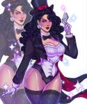  1girl black_bow black_bowtie black_hair black_hat black_jacket black_leotard bow bowtie breasts cape card cleavage commentary_request cropped_jacket dc_comics ear_piercing earrings fishnet_thighhighs fishnets gloves hat highres holding holding_card jacket jewelry kattnippxo leotard lipstick long_hair magician makeup mole mole_under_eye piercing playing_card purple_eyes red_lips shirt simple_background solo spanish_commentary sparkle standing thighhighs thighs third-party_source top_hat watermark white_background white_gloves white_shirt zatanna_zatara 