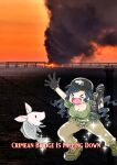  >_< 1girl 1other :d anonymous_(japanese) belt belt_buckle black_gloves black_hat blue_hair blush_stickers boots breasts brown_pants buckle cleavage clenched_hand closed_eyes combat_boots crop_top curly_hair excited fish gloves green_belt green_boots green_shirt happy hat highres japanon kerch_bridge kraken_(japanon) kraken_regiment leaning_forward light_blush long_hair medium_breasts midriff military military_uniform navel open_fly open_mouth open_pants original pants photo_background pig russo-ukrainian_war schweinokaras shirt short_sleeves shouting smile soldier sparkle squid tied_shirt tongue ukrainian_ground_forces very_long_hair waving wavy_hair 