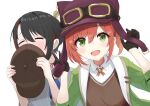  2girls aogiri_high_school aviator_cap aviator_goggles black_gloves black_hair blush brown_hat brown_sweater_vest coat collared_shirt commentary cross_tie gloves green_coat green_eyes grey_shirt hair_between_eyes half_gloves hands_on_headwear hat headwear_switch highres ishikari_akari looking_at_viewer multicolored_hair multiple_girls newsboy_cap pinstripe_pattern pinstripe_shirt red_cross_tie red_hair red_hat red_streaks shirt short_hair simple_background skirt smelling smelling_clothes smelling_headwear streaked_hair sweater_vest taachika tsukiyuki_ibuki upper_body virtual_youtuber white_background white_skirt 