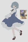  1girl absurdres black_ribbon blue_eyes blue_ribbon blue_skirt blue_vest blush braid brown_shoes commentary from_side full_body hair_ribbon highres kanade_sep long_sleeves mahou_shoujo_madoka_magica mahou_shoujo_madoka_magica_(anime) mary_janes miki_sayaka neck_ribbon official_alternate_costume one_eye_closed open_mouth petticoat reference_inset ribbon shirt shoes short_hair simple_background single_braid skirt skirt_set sleeves_past_wrists socks solo standing standing_on_one_leg untranslatable_commentary vest white_background white_shirt white_socks 
