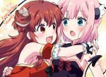  2girls :d blue_eyes breasts character_name chiyoda_momo commentary_request curled_horns dated demon_girl happy_birthday highres horns hug long_hair machikado_mazoku mukaibi_aoi multiple_girls open_mouth pink_hair red_eyes red_hair short_hair smile yoshida_yuuko yuri 