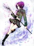  akiduki_kozue bad_id bad_pixiv_id belt boots buttons chain chrome_dokuro eyepatch jacket katekyo_hitman_reborn! midriff miniskirt petals polearm purple_eyes purple_hair short_hair skirt skull solo staff trident weapon 