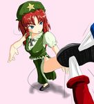  bad_anatomy blue_eyes braid china_dress chinese_clothes dress from_above hat high_kick hong_meiling kicking knife long_hair red_hair ribbon samurai_(kasizuki) solo touhou twin_braids 