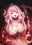  1girl absurdres ahoge between_breasts bikini body_markings breasts cetacean_tail commentary english_commentary facial_mark fins fire fish_tail gamer_supps heart heart_ahoge highres indie_virtual_youtuber large_breasts long_hair looking_at_viewer multicolored_hair open_mouth orca_girl pink_bikini pink_hair purple_eyes shrimp shylily solo sweat swimsuit tail thighs virtual_youtuber wet white_hair yoclesh 