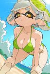  1girl absurdres beach bent_over bikini blue_sky breasts cleavage cloud collarbone commentary earrings english_commentary green_bikini grey_hair halterneck hands_on_own_knees highres inkling jewelry kyyubea large_breasts leaning_forward looking_at_viewer marie_(splatoon) mole mole_under_eye navel parted_lips pointy_ears sky solo splatoon_(series) splatoon_1 string_bikini sunlight swimsuit tentacle_hair thick_eyebrows thighs triangle_bikini_top water yellow_eyes 