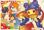  3girls ^_^ ahoge alternate_costume animal_hat animal_print blonde_hair blue_hakama blue_haori blunt_bangs blush_stickers border box bracelet camellia closed_eyes colored_skin commentary_request creature facial_hair fish flower fur_trim gradient_hakama grey_kimono hair_flower hair_ornament hair_ribbon hairband hakama hakama_skirt hand_fan haori hat holding holding_box holding_creature holding_fan horned_hat japanese_clothes jewelry kate_(puyopuyo) kimono long_hair looking_at_viewer multiple_girls official_style open_mouth orange_hair orange_kimono outside_border peanut_mouth pimyuhuwa pink_flower pink_rose print_haori print_kimono puyo_(puyopuyo) puyopuyo puyopuyo_quest red_eyes red_flower red_hairband red_hakama red_ribbon ribbon rose short_hair short_sleeves shrimp skirt slime_(creature) smile sparkle standing tamaki_(puyopuyo) tassel tassel_hair_ornament tiger_print torahiko_(puyopuyo) twitter_username two-tone_hakama very_long_hair white_border white_ribbon wide_sleeves yellow_hakama yellow_kimono yellow_skin 