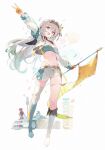  3girls absurdres alternate_costume aqua_hair arm_up asymmetrical_footwear belt black_hairband blue_boots boots breasts car cleavage commentary coon firefly_(honkai:_star_rail) flag fold-over_boots full_body gloves gradient_hair hair_ornament hairband half_gloves highres holding holding_flag honkai:_star_rail honkai_(series) jacket kafka_(honkai:_star_rail) knee_boots mismatched_footwear motor_vehicle multicolored_hair multiple_girls navel open_clothes open_jacket orange_gloves orange_panties panties race_queen shorts silver_wolf_(honkai:_star_rail) simple_background single_thighhigh solo_focus standing stomach string_panties thighhighs underwear v white_background white_boots white_jacket white_shorts white_thighhighs 