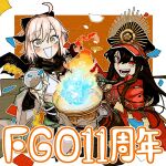  2girls :d ahoge anniversary black_hair black_scarf brown_gloves chaldean_visionary_flames commentary_request fate/grand_order fate_(series) gloves hair_between_eyes hat highres holding looking_at_viewer multiple_girls oda_nobunaga_(fate) oda_nobunaga_(koha-ace) oda_uri okita_souji_(fate) okita_souji_(koha-ace) open_mouth party_popper peaked_cap pink_hair red_eyes sa10_e scarf smile 