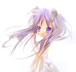  bad_id bad_pixiv_id blue_eyes bridal_gauntlets bride dress frills hair_ribbon hiiragi_kagami lace long_hair lucky_star open_mouth ouki purple_hair ribbon simple_background smile solo tsurime twintails wedding_dress wind 
