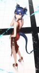  1girl absurdres arknights blue_hair ch'en_(ageless_afterglow)_(arknights) ch'en_(arknights) chinese_clothes clothing_cutout commentary_request dragon_girl dragon_horns dragon_tail dress full_body hidulume highres hip_vent horns looking_at_viewer looking_back orange_eyes qipao red_dress sleeveless solo tail 