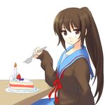  atsukan blueberry brown_eyes brown_hair cake candle cardigan doily food fork fruit genderswap genderswap_(mtf) kita_high_school_uniform kyon kyonko long_hair pastry plate ponytail school_uniform serafuku simple_background sitting sketch slice_of_cake solo strawberry strawberry_shortcake suzumiya_haruhi_no_yuuutsu white_background 