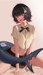  1girl absurdres black_hair black_skirt blush breasts collared_shirt crop_top ellen_joe fang hair_ornament highres lan_(757040368) looking_at_viewer medium_breasts multicolored_hair navel official_alternate_costume one_eye_closed open_mouth razor_blade_hair_ornament red_eyes red_hair shirt short_hair skirt solo tail two-tone_hair white_shirt x_hair_ornament zenless_zone_zero 