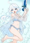  1girl :o alt_text aqua_streaks bikini blue_bikini blue_eyes bow bow_bikini commentary_request dot_nose floating_hair foot_out_of_frame frilled_bikini frills furina_(genshin_impact) genshin_impact hair_intakes hands_up heterochromia highres holding holding_water_gun jellyfish_cut leg_up long_hair long_sleeves looking_at_viewer looking_to_the_side multicolored_hair nabe_(n_06beeee) open_clothes open_mouth open_shirt sandals see-through_clothes see-through_shirt shirt side-tie_bikini_bottom simple_background solo splashing streaked_hair super_soaker swimsuit turning_head water_gun wavy_hair white_background white_hair white_sandals white_shirt 