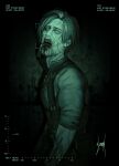  1boy blood blood_on_arm blood_on_face blood_on_mouth chest_holster colored_veins commentary facial_recognition fake_photograph from_side green_theme highres horror_(theme) leon_s._kennedy looking_at_viewer male_focus monster_boy open_mouth recording resident_evil resident_evil_4 short_hair sleeves_rolled_up solo tongue tongue_out zombiyh 