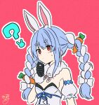  1girl ? absurdres animal_ear_fluff animal_ears bare_shoulders black_gloves black_leotard blue_hair bow braid breasts carrot_hair_ornament closed_mouth commentary_request detached_sleeves don-chan_(usada_pekora) dress food-themed_hair_ornament fur-trimmed_gloves fur_trim gloves hair_between_eyes hair_bow hair_ornament highres hololive kiritoma leotard multicolored_hair outline puffy_short_sleeves puffy_sleeves rabbit-shaped_pupils rabbit_ears red_background red_eyes short_eyebrows short_sleeves signature simple_background small_breasts solo strapless strapless_dress strapless_leotard symbol-shaped_pupils thick_eyebrows twin_braids twintails two-tone_hair usada_pekora usada_pekora_(1st_costume) virtual_youtuber white_bow white_dress white_hair white_outline white_sleeves 