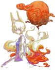  animal_ears blonde_hair blue_eyes chomoran fiery_tail fire fox_ears fox_tail painterly purple_eyes short_hair solo tail touhou yakumo_ran 