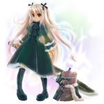  boots bullpup cape copyright_request gothic_lolita gun knee_boots kubozuka_pikurou lolita_fashion long_hair p90 ribbon solo stuffed_animal stuffed_toy submachine_gun sunglasses sword teddy_bear weapon 