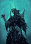  1other 2024 absurdres armor bone bracer chain crown eye_trail fantasy green_eyes highres holding holding_skull light_trail limited_palette original shoulder_armor skull solo theshah21 torn_clothes undead 