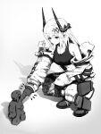  1girl absurdres arknights bare_shoulders breasts cleavage closed_mouth commentary_request crop_top fist_bump full_body gloves golem greyscale highres horns jumpsuit liaowlowl long_hair material_growth medium_breasts monochrome mudrock_(arknights) mudrock_(elite_ii)_(arknights) notice_lines off_shoulder oripathy_lesion_(arknights) pointy_ears simple_background smile solo split_mouth sports_bra squatting white_background 