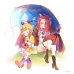  2girls absurdres blonde_hair boots bow breasts candy closed_eyes closed_mouth commentary_request cross drill_hair fang food frilled_skirt frills gem green_hair hand_on_another's_head high_heel_boots high_heels highres holding holding_umbrella lady_proud mahou_shoujo_ikusei_keikaku mahou_shoujo_ikusei_keikaku_jokers multicolored_hair multiple_girls open_mouth pink_hair red_gem skirt smile thighhighs twin_drills two-tone_hair umbrain umbrella white_thighhighs yellow_eyes yellow_skirt yunare 