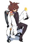  1girl agnes_tachyon_(tach-nology)_(umamusume) agnes_tachyon_(umamusume) ahoge animal_ear_piercing animal_ears black_necktie black_pantyhose blue_necktie blue_shirt blush breasts brown_hair bug butterfly chair chemical_structure closed_mouth coat collared_shirt commentary cork earrings hair_between_eyes heart horse_ears horse_girl jewelry knee_up lab_coat large_breasts long_sleeves looking_at_viewer necktie office_chair on_chair open_clothes open_coat pantyhose red_eyes shirt short_hair short_necktie simple_background single_earring sitting sleeves_past_fingers sleeves_past_wrists smile solo sweater sweater_vest swivel_chair teeth test_tube umamusume untranslatable_commentary white_background white_coat wolf_cut yellow_sweater yellow_sweater_vest yodaka_(yodaka1227) 