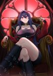  1girl absurdres ahoge akuma_nihmune akuma_nihmune_(casual) belted_jacket black_boots black_collar black_dress black_skirt boots breasts collar commentary crossed_legs demon_horns dress english_commentary facial_mark hair_ornament heart heart_facial_mark heart_necklace highres horns indie_virtual_youtuber jacket jewelry large_breasts long_hair looking_at_viewer mole mole_under_eye necklace purple_hair red_horns red_jacket skirt solo star_(symbol) star_hair_ornament thighs virtual_youtuber yiotaart zipper 