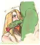  2girls blonde_hair blush colored_skin commentary english_commentary fellatio futa_with_female futa_without_pussy futanari green_eyes green_skin highres licking licking_penis long_hair multiple_girls newhalf_with_female nude oral penis princess_fiona rapunzel_(disney) shrek_(series) smollb_nsfw tangled testicles uncensored very_long_hair 