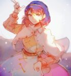  1girl arm_up bag belt blue_dress blue_hairband blush breasts brown_bag brown_belt buttons cape chinese_commentary closed_mouth commentary_request cowboy_shot dress hair_between_eyes hairband highres long_sleeves looking_at_viewer medium_breasts molajiyan multicolored_dress multicolored_hairband patchwork_clothes pointing pointing_down pointing_up purple_eyes purple_hair rainbow_hairband short_hair simple_background sky_print smile solo split_mouth tenkyuu_chimata tenkyuu_chimata_pose touhou two-sided_cape two-sided_fabric white_background white_cape 