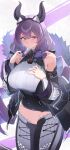  1girl absurdres arknights arknights:_endfield bare_shoulders black_horns black_overskirt breast_suppress breasts closed_mouth commentary cowboy_shot detached_sleeves hair_between_eyes hand_on_own_chest highres horns huge_breasts leaning_forward long_hair multicolored_thighhighs overskirt purple_eyes purple_hair solo tail thick_thighs thighhighs thighs tobildesu typhoeus_(arknights) typhon_(arknights) 