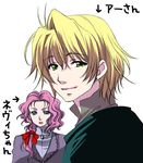  1girl aeru bad_id bad_pixiv_id blonde_hair blue_eyes genderswap genderswap_(ftm) green_eyes neviril pink_hair short_hair simoun sumachii 