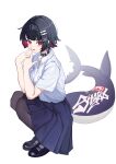  1girl absurdres black_choker black_hair black_pantyhose black_shoes black_skirt blush choker collared_shirt commentary ellen_joe ellen_joe_(on_campus) fins fish_tail hair_ornament highres lan_(757040368) looking_at_viewer multicolored_hair official_alternate_costume open_mouth pantyhose razor_blade_hair_ornament red_eyes red_hair shark_girl shark_tail shirt shoes short_hair simple_background skirt solo tail two-tone_hair white_background white_shirt x_hair_ornament zenless_zone_zero 