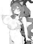  1boy 1girl absurdres arknights arknights:_endfield blush breasts commentary completely_nude esearu female_pubic_hair grabbing_another's_breast grabbing_from_behind greyscale groping highres horns inverted_nipples lactation large_breasts long_hair low_twintails monochrome nipples nude open_mouth projectile_lactation pubic_hair pussy_juice simple_background single_inverted_nipple solo_focus twintails typhoeus_(arknights) typhon_(arknights) untranslatable_commentary white_background 