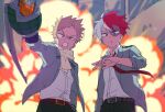  2boys akiyama_(noconoco) arm_up bakugou_katsuki black_pants blonde_hair blue_eyes boku_no_hero_academia brown_eyes burn_scar clenched_teeth collared_shirt commentary_request cowboy_shot double-parted_bangs explosion floating_hair floating_neckwear gauntlets gloves green_gloves grey_jacket heterochromia jacket lapels male_focus multicolored_hair multiple_boys necktie notched_lapels open_clothes open_collar open_jacket open_mouth orange_gloves pants red_eyes red_hair red_necktie scar scar_on_face scarf school_uniform shirt shirt_tucked_in short_hair spiked_hair split-color_hair teeth todoroki_shoto two-sided_gloves u.a._school_uniform uneven_eyes v-shaped_eyebrows very_short_hair white_hair white_shirt wing_collar yellow_scarf 