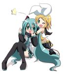  aqua_hair asphyxiation bad_id bad_pixiv_id detached_sleeves hatsune_miku headlock kagamine_rin long_hair massala multiple_girls one_eye_closed strangling sweatdrop thighhighs twintails very_long_hair vocaloid 