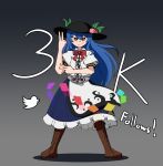  1girl apron avian_zebra black_hat blue_hair blue_skirt boots bow bowtie brown_boots closed_mouth commentary english_commentary fold-over_boots fruit_hat_ornament full_body hat hat_ornament highres hinanawi_tenshi kamen_rider kamen_rider_v3 kamen_rider_v3_(series) lace-up_boots leaf_hat_ornament long_hair looking_at_viewer milestone_celebration peach_hat_ornament puffy_short_sleeves puffy_sleeves red_bow red_bowtie red_eyes rider_belt shirt short_sleeves skirt smile solo touhou twitter_logo very_long_hair waist_apron white_apron white_shirt 