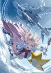  1girl above_clouds absurdres aircraft bad_source blonde_hair bow_(weapon) cape cloud creature gloves high_heels highres holding holding_weapon kanieda_minato magical_girl midair open_mouth pink_cape reaching reaching_towards_viewer resurgum_(swav) skydive solo swav weapon 