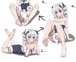  1girl @_@ anger_vein bare_legs bare_shoulders barefoot between_legs blue_one-piece_swimsuit blush bow breasts bulannikov censored closed_mouth collarbone commentary_request crossed_ankles drill_hair facial_mark feet feet_up foot_focus frilled_one-piece_swimsuit frills full_body grey_hair hair_bow legs legs_up looking_at_viewer lying multiple_views novelty_censor off-shoulder_one-piece_swimsuit off_shoulder on_stomach one-piece_swimsuit red_eyes ribbon shadow simple_background sitting small_breasts soles spoken_anger_vein swimsuit the_pose tlipoca toes twin_drills white_background yog-sothoth's_yard 