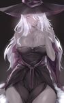  1girl absurdres bare_shoulders black_dress black_hat breasts cleavage collarbone commentary dark-skinned_female dark_skin dress elden_ring elden_ring_nightreign english_commentary hair_over_one_eye hat highres huge_breasts kuro_artis_(kuru-kuru) large_hat long_hair long_sleeves looking_at_viewer purple_eyes purple_sleeves recluse_(elden_ring) sitting solo suggestive_fluid witch witch_hat 