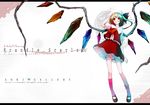  aoki_shin aqua_hair bad_id bad_pixiv_id blonde_hair bow character_name flandre_scarlet frills grin hand_on_headwear hat kneehighs loose_socks mary_janes multicolored_hair one_side_up ponytail red_eyes shoes short_hair smile socks solo standing touhou wallpaper white_legwear wings 