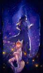  2girls absurdres animal_ear_fluff animal_ears arm_on_knee armor back black_hair black_pantyhose blue_dress blue_hat blue_sky brown_hair chinese_commentary closed_mouth cloud cloudy_sky commentary_request dress fireflies fox_ears fox_girl fox_tail gem geta grass green_ribbon grey_romper grey_socks hair_between_eyes hand_on_own_hip hand_up hat highres iizunamaru_megumu jewelry juliet_sleeves kudamaki_tsukasa leaf long_sleeves looking_up medium_hair meteor_shower molajiyan multiple_girls night no_shoes outdoors pantyhose pauldrons pom_pom_(clothes) puffy_sleeves purple_shoes ribbon romper shoes shooting_star short_hair short_sleeves shoulder_armor shoulder_guard single_pauldron sitting sky sleeve_ribbon socks standing star_(sky) starry_sky tail tengu-geta tokin_hat touhou tree white_romper white_socks wide_sleeves yellow_eyes 