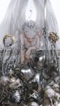  1boy 1girl angel_wings armor artist_name bare_shoulders commentary copyright_name cross cross_earrings crown earrings english_commentary feathered_wings full_armor ghostblade grabbing_another's_arm grey_hair gumroad_logo gumroad_username hair_bun highres holding holding_crown holding_sword holding_weapon jewelry knight laurel_crown leaning_forward long_pointy_ears looking_at_another looking_down necklace paid_reward_available pale_skin parted_hair patreon_logo patreon_username pointy_ears red_lips skeleton skull sword weapon web_address white_wings wings wlop 