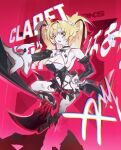  1girl animal_print axe bare_shoulders bat_print black_shirt blonde_hair breasts character_name claret_flint cleavage commentary detached_sleeves full_body hair_intakes hair_ornament hair_ribbon hand_on_own_hip highres holding holding_weapon large_breasts leaning_on_weapon long_hair looking_at_viewer multicolored_hair nam99214 open_mouth print_thighhighs red_eyes red_nails red_ribbon red_streaks ribbon shirt solo sphere_hair_ornament streaked_hair thighhighs twintails weapon zenless_zone_zero 