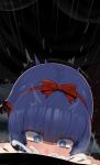  +_+ 1boy 1girl absurdres black_background black_dress black_souls black_souls_2 blue_eyes blue_hair blunt_bangs blush commentary_request cum cum_in_mouth cum_overflow deepthroat dress fellatio hairband hetero highres long_sleeves mabel_(black_souls) mizumizuni oral pov red_hairband solo_focus sweat 